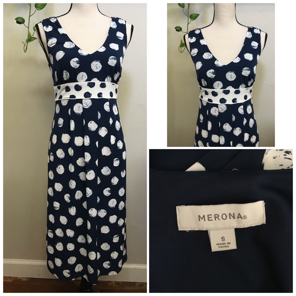 Target Merona Sleeveless Polka Dot Dress, Navy White, Good for Work! Fit & Flare - Picture 2 of 8